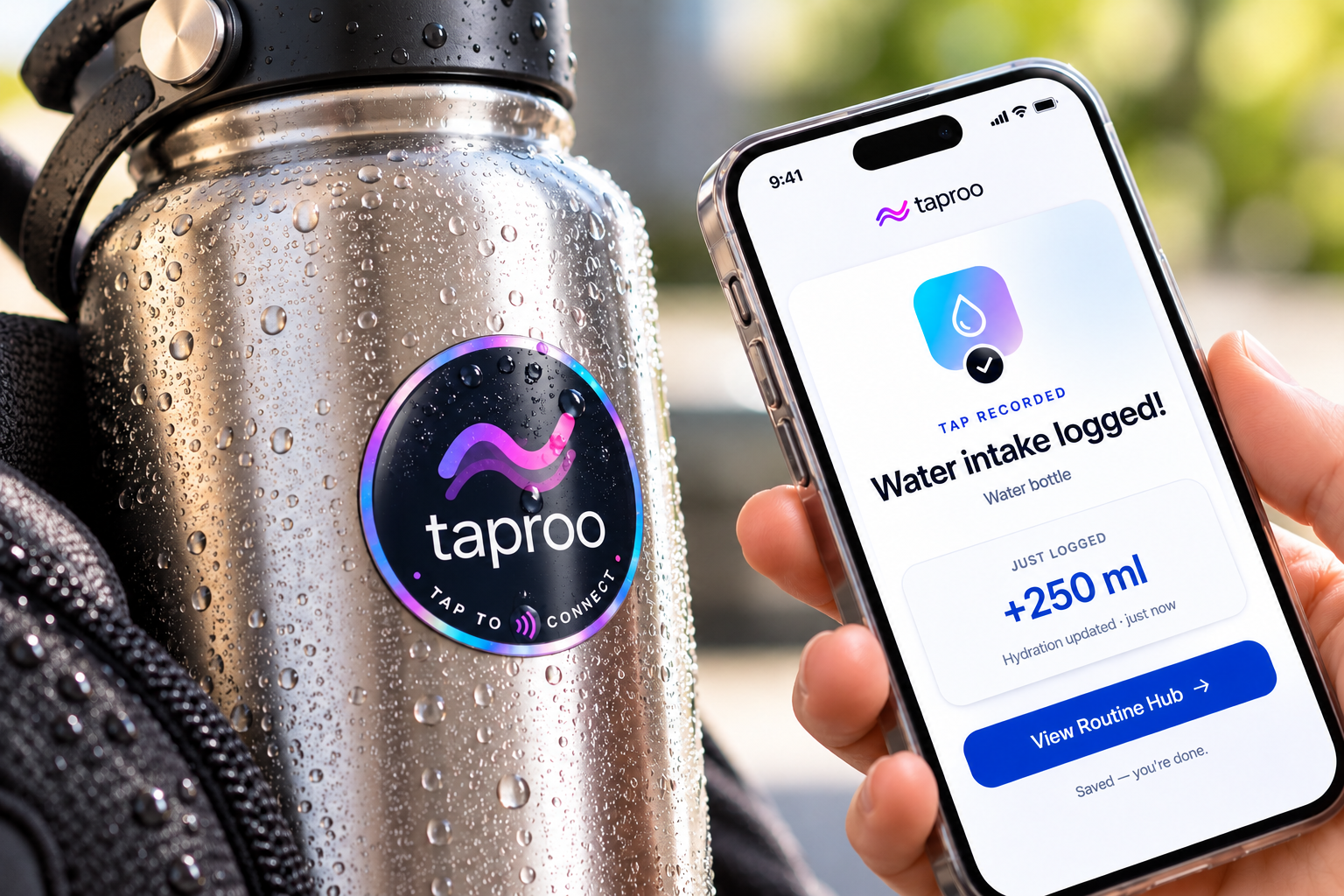 Taproo Routine Hub NFC sticker on a water bottle beside a phone showing a logged water intake